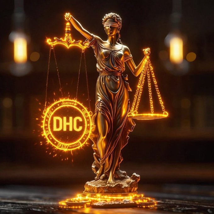 A glowing golden statue of Lady Justice holding scales, with a luminous 'DHC' coin floating beside her, set against a dark background with bokeh light effects.