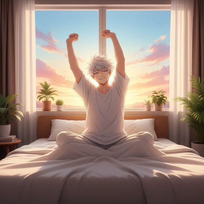 An anime-style illustration of a young man with white hair stretching his arms upward while sitting on a bed, with a sunrise visible through the window behind him.