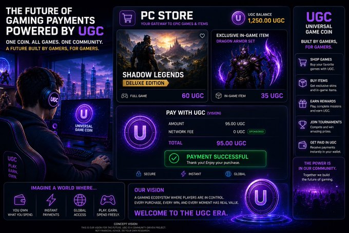 A purple-themed promotional webpage advertises 'UGC Universal Game Coin' as 'The Future of Gaming Payments Powered by UGC,' featuring a PC Store with Shadow Legends Deluxe Edition for 60 UGC and a successful payment confirmation for 95.00 UGC.