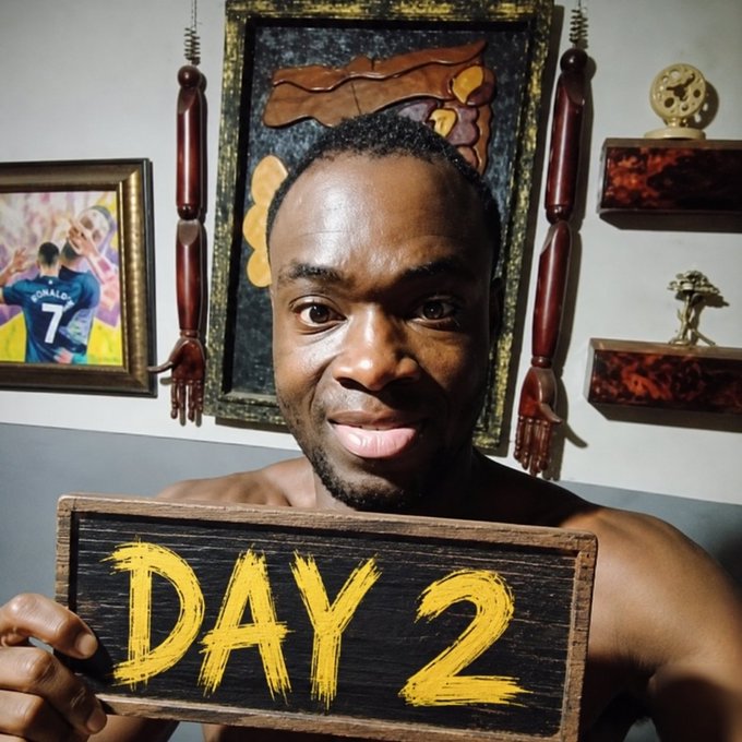 A shirtless man smiles at the camera while holding up a wooden sign painted with "DAY 2" in bold yellow letters, documenting his ongoing campaign to receive a giveaway from $ANSEM by tagging @blknoiz06.