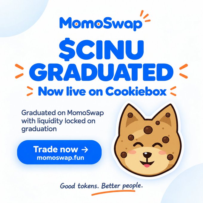 A promotional advertisement for MomoSwap featuring the text "$CINU GRADUATED - Now live on Cookiebox" and "Trade now → momoswap.fun", accompanied by a cartoon Shiba Inu dog illustration.