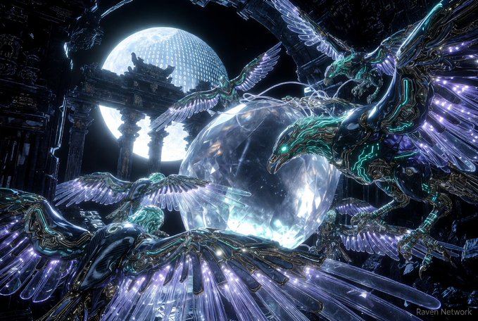 A fantasy digital artwork depicts glowing winged robotic creatures surrounding a luminous orb within an ancient ruin, set against a large moon, with a "Raven Network" watermark.