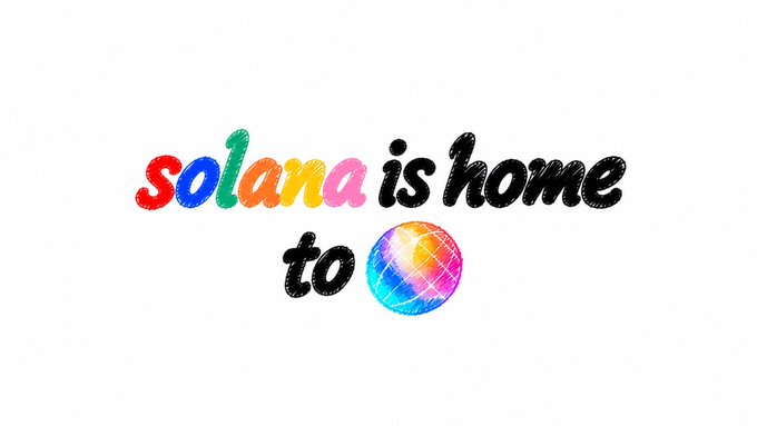 A colorful graphic with the text 'solana is home to' where 'solana' appears in multicolored bubble letters followed by a rainbow disco ball illustration.