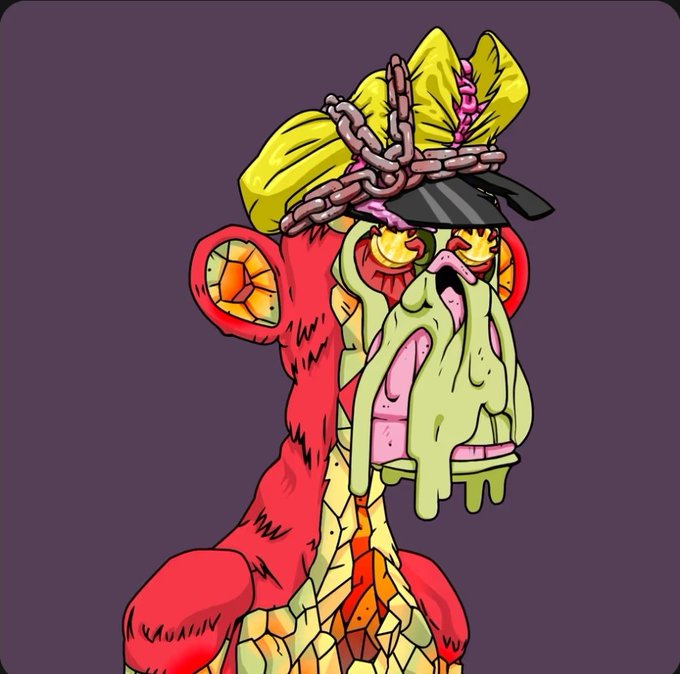 A colorful, grotesque cartoon illustration depicts a red monkey-like creature with a melting green face, glowing orange eyes, a black cap, and a yellow bow with chains on its head.