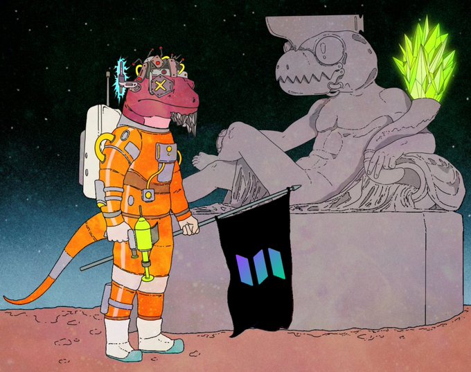 A cartoon illustration of a red-skinned astronaut/reptilian figure in an orange suit holding a flag with a stylized logo, planting it next to a large gray alien statue on a planetary surface.