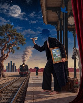A surrealist collage depicting a figure in a starry suit holding a martini and a framed picture at a surreal train station under a full moon, complete with a locomotive, a horse, and a clock tower.