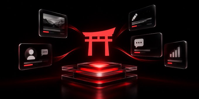 A dark graphic featuring a red illuminated Japanese torii gate in the center, surrounded by floating digital interface cards showing charts, user profiles, and messaging icons.