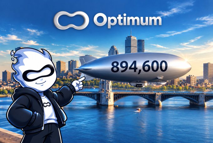 A promotional graphic featuring the 'Optimum' logo and mascot pointing at an airship displaying '894,600' over a city skyline with a bridge and river.