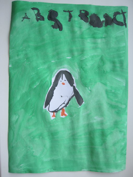 The image features an abstract painting of a penguin standing on green grass, with black lines around its body. The painting has been done by a child using crayons or paint, giving it a unique and creative touch. The post about this artwork includes text that reads "I asked my daughter to draw a penguin on the grass Somehow it ended up looking like @LucaNetz @pudgypenguins and @AbstractChain". This suggests that someone has taken an unconventional approach to drawing a penguin, resulting in an interesting and visually appealing piece of art.