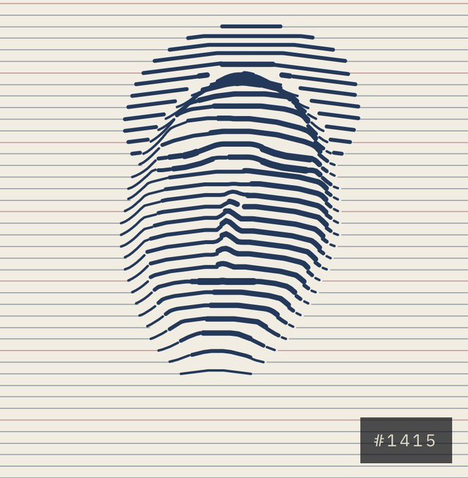 A stylized fingerprint illustration composed of navy blue horizontal lines on a lined paper background, with a label reading '#1415' in the bottom right corner.