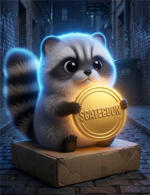 An adorable gray raccoon-cat hybrid clutches a golden coin embossed with "$CATECOON," sitting on a cardboard box in a moody alleyway setting. The whimsical creature visually brings the hybrid meme coin concept to life, perfectly matching the post's announcement of a new "half cat, half raccoon" crypto meta.