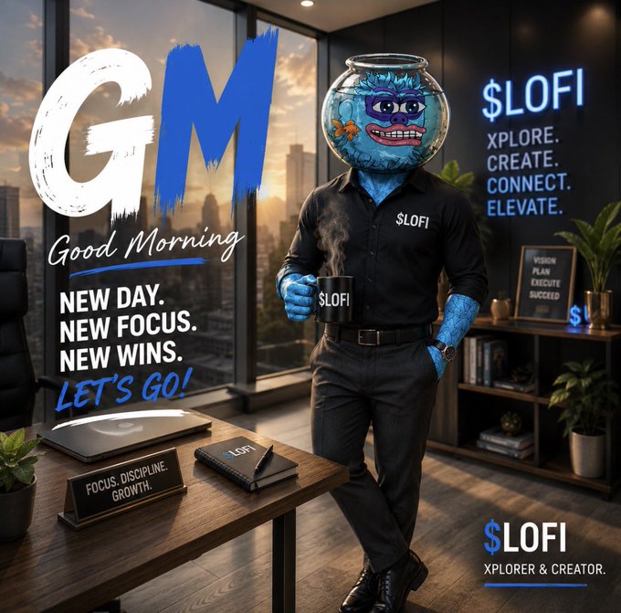 In the image is a rising sun and some encouraging words about the day. There's also a blue squirrel wearing a shirt that says "$LOFI EXPLORE, CREATE, CONNECT, ELEVATE", holding a mug that says "SLOFI." It perfectly sets the tone for today's message, reminding us to focus on personal growth rather than comparing ourselves to others.