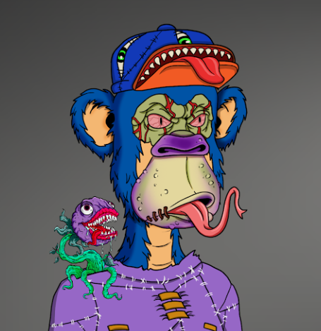 A digital illustration of a Bored Ape-style NFT character wearing a shark hat, featuring stitched scars, a purple shirt, and a smaller zombie-like creature on its shoulder.