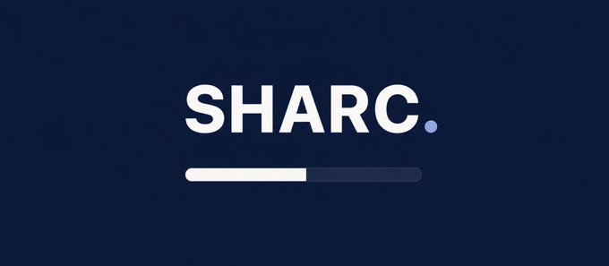 The image shows a loading screen with the text "SHARC." prominently displayed in white on a dark navy background, accompanied by a progress bar below it indicating that something is loading. This visual ties into the post's announcement about a planned launch following Arc mainnet, suggesting the SHARC platform is preparing to go live on Arc with its marketplace and NFT offerings.