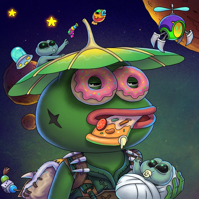 The image features a cartoon frog wearing an umbrella hat with a pizza slice on its head. The frog appears to be holding a baby alien on its back while standing under the umbrella. In the background, there are other cartoon characters such as a spaceship and a helicopter. The image also includes text that reads "GN EXPLORERS I know an Explorer who adopted an UFO Pepe and is starting to realize it’s kinda a full-time job Luckily, the smiling droid is there to lend a helping hand Hope you're all having a great evening!".