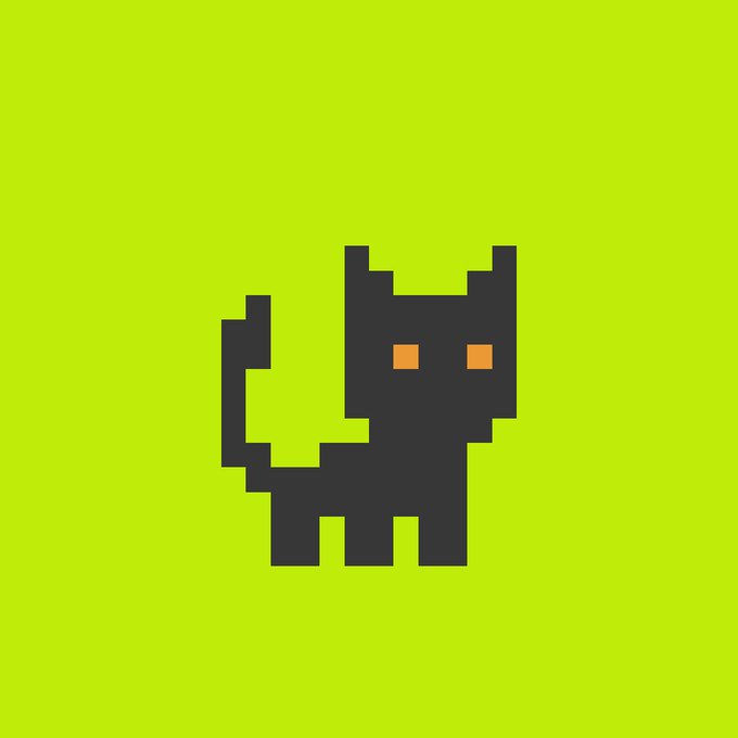 A minimalist pixel art of a black cat with orange eyes on a bright green background.