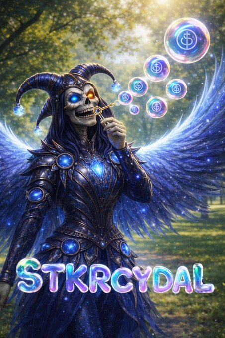 Digital artwork of a horned skeletal figure in blue cosmic armor blowing coins, with the text 'STKRCYDAL' overlaid.