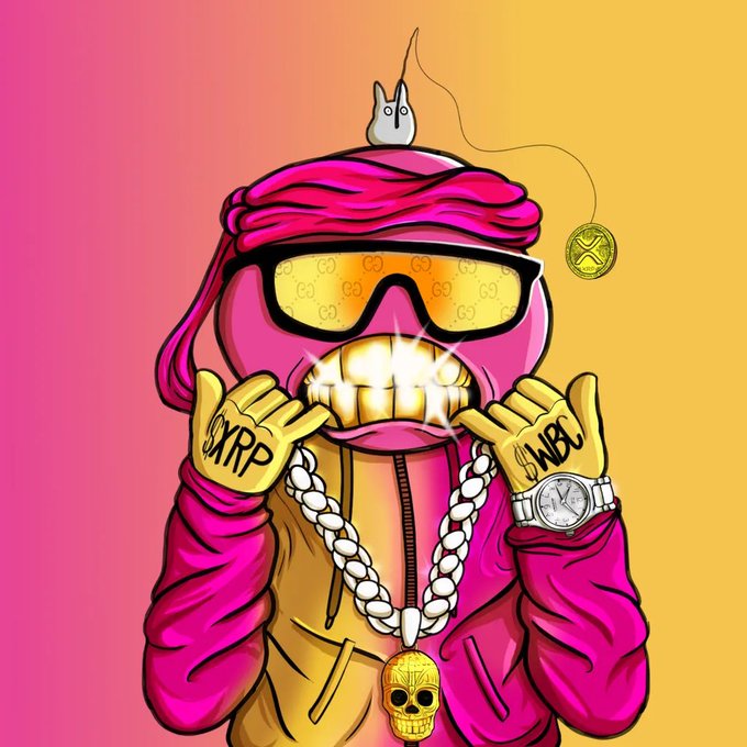 Colorful hip-hop themed illustration of a character in a pink tracksuit with gold 'XRP' and 'WBC' gloves, a gold chain with a skull pendant, and designer sunglasses.