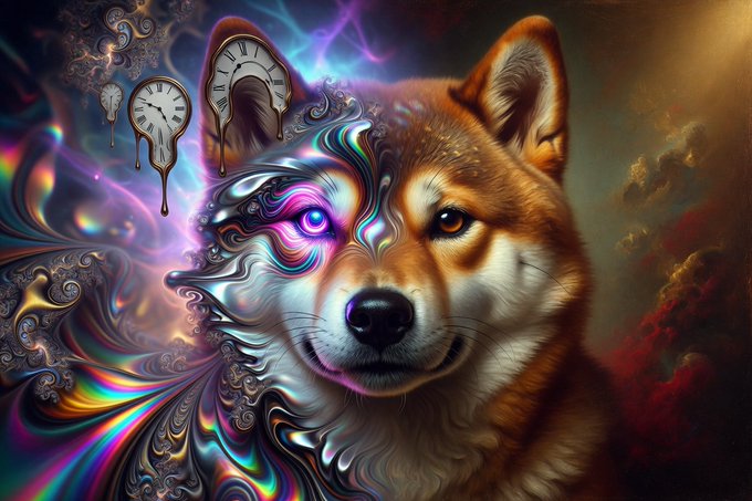 A surreal digital artwork of a husky-like dog with a shimmering, psychedelic metallic face on one side and melting clocks floating above its head against a colorful cosmic background.