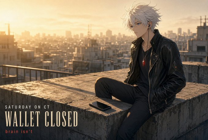 Anime-style artwork of a white-haired male character in a black leather jacket and necklace sitting on a rooftop at sunset overlooking a cityscape, with text reading 'SATURDAY ON CT', 'WALLET CLOSED', and 'brain isn't'.