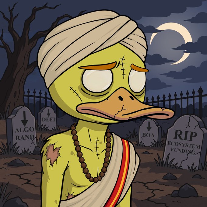 A cartoon illustration of a zombie-like duck character with stitched wounds and a turban, wearing prayer beads, standing in a graveyard with tombstones labeled 'ALGORAND', 'DEFI', 'BOA', and 'RIP ECOSYSTEM FUNDING'.