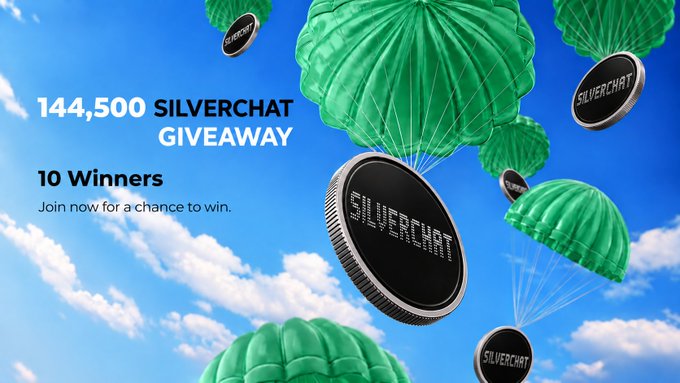 Promotional graphic for a '144,500 SILVERCHAT GIVEAWAY' with '10 Winners' displayed against a sky background with green parachutes carrying silver coins.