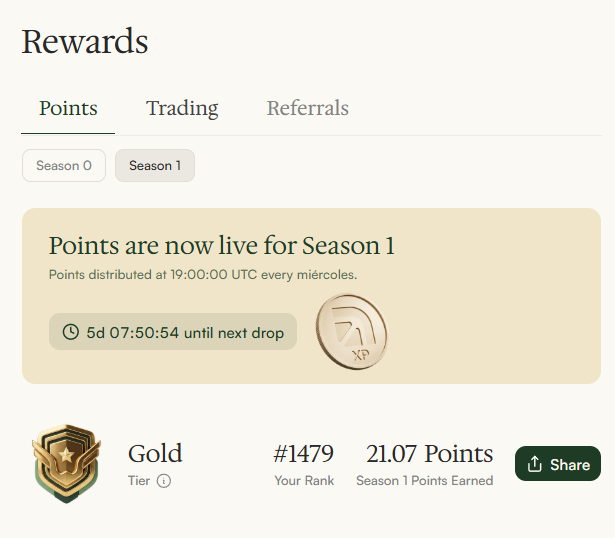 Rewards screen showing 'Points are now live for Season 1' with a Gold tier rank #1479 and 21.07 Season 1 Points Earned.