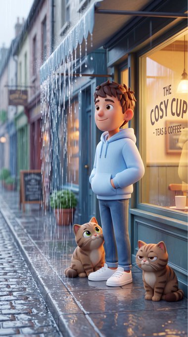 A 3D animated illustration of a young boy in a blue hoodie next to two tabby cats on a cobblestone street in the rain, standing outside a shop called 'THE COSY CUP - TEAS & COFFEE'.