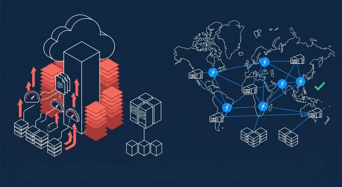 The image contrasts two storage models: a centralized cloud provider (depicted by a tall building with servers and gauges) on the left, versus a decentralized global network (shown as a world map with interconnected nodes and "f" icons) on the right. It visually supports the post's claim that Filecoin's distributed storage model leverages existing hardware worldwide, offering a cost-efficient alternative to expensive centralized cloud services like AWS.
