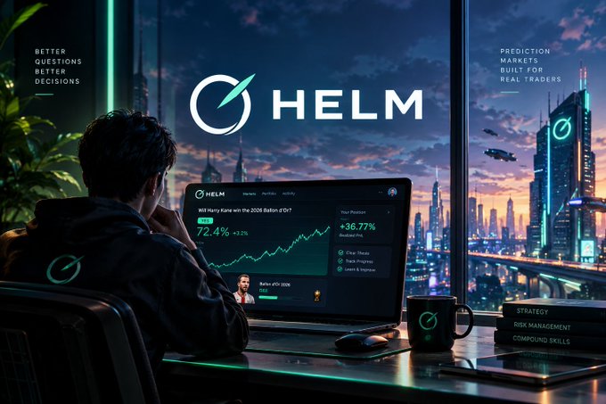 A futuristic digital artwork showing a person sitting at a desk using a laptop displaying the 'HELM' trading platform, with text including 'BETTER QUESTIONS BETTER DECISIONS', '72.4%', '+36.77%', and 'PREDICTION MARKETS BUILT FOR REAL TRADERS'.