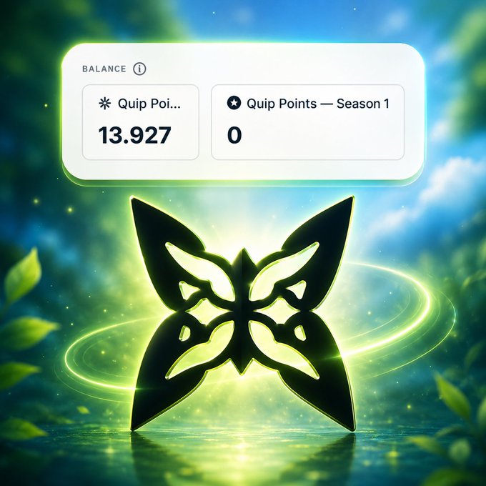 A digital wallet or NFT interface showing a balance of 13.927 Quip Points (Season 1: 0) alongside a glowing green butterfly-shaped emblem or logo.