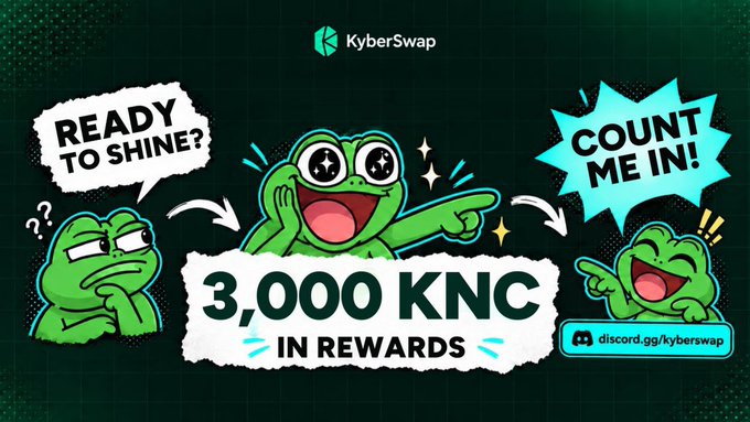 A KyberSwap promotional graphic features cartoon frogs with speech bubbles reading 'READY TO SHINE?' and 'COUNT ME IN!', advertising '3,000 KNC IN REWARDS' and linking to discord.gg/kyberswap.
