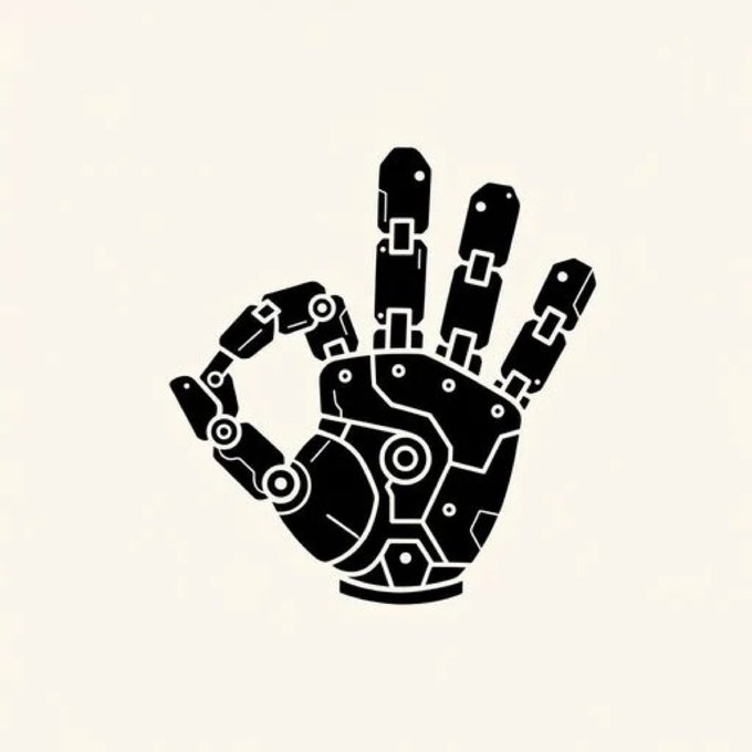 A black silhouette graphic of a robotic hand making an OK gesture, with visible mechanical joints and paneling details.