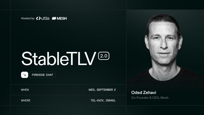 A promotional graphic for 'StableTLV 2.0', a 'FIRESIDE CHAT' event hosted by Utila and MESH in Tel-Aviv, Israel on Wednesday, September 2, featuring speaker Oded Zehavi, Co-Founder & CEO of Mesh.