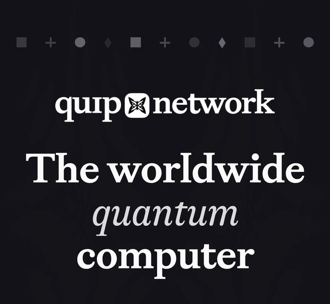 The image features a black background with white text that reads "quip network The worldwide Quantum computer". This text is accompanied by an arrow pointing towards the right side of the image. The image also includes a small logo for QuipNetwork, which is located in the top left corner and has a white color scheme.