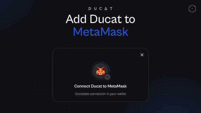 A dark-themed interface displays the text "Add Ducat to MetaMask" with a MetaMask fox icon and a prompt reading "Connect Ducat to MetaMask — Complete connection in your wallet." The image illustrates the integration step described in the post, where Ducat enables users to connect their MetaMask wallet to borrow USDC against Bitcoin collateral without leaving the unified interface.