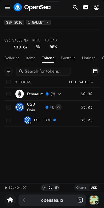 A screenshot of the OpenSea mobile app interface showing a wallet portfolio with a USD value of $10.87, displaying 3 tokens including Ethereum ($0.30), USD Coin ($5.05), and USDC ($5.05).