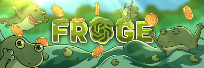 A colorful cartoon-style 'FROGE' logo banner featuring playful green frogs, lily pads, and gold coins set against a swampy green background.