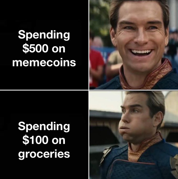 A two-panel meme using the 'Homelander' format jokes about financial priorities: 'Spending $500 on memecoins' (smiling) versus 'Spending $100 on groceries' (disgusted).