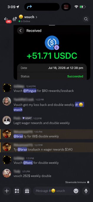 The image shows a Discord screenshot in the "vouch" channel displaying a successful receipt of +51.71 USDC received on Jul 18, 2026, along with multiple user testimonials confirming weekly payouts and lossback rewards. The post highlights that double weekly payouts have been distributed to users using the poster's referral code on Stake, with the screenshot serving as proof of the recent payment.