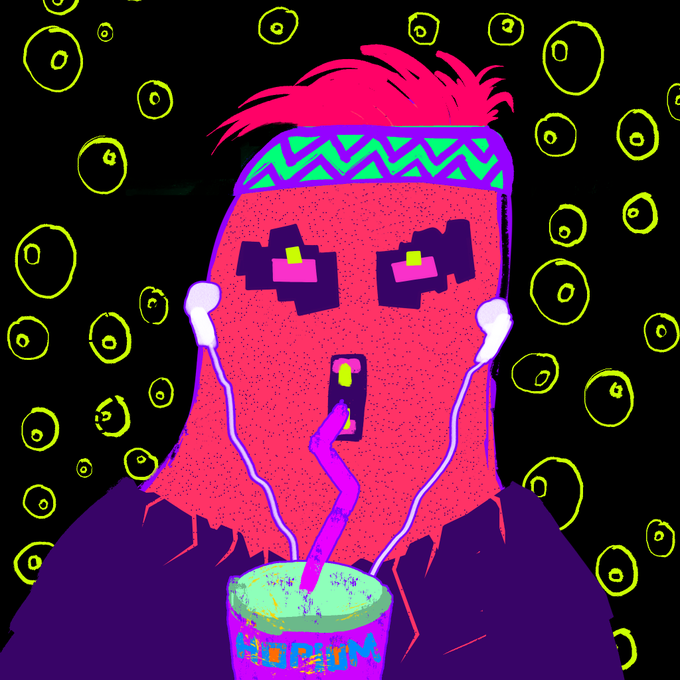 A vibrant, neon-colored cyberpunk-style illustration of a crying figure with a pink bowl cut, pixelated sunglasses, and a green headband, drinking from a cup labeled 'Synapse' with a pink straw, surrounded by floating yellow halo icons.