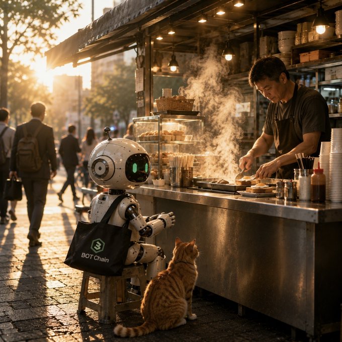 An AI-generated scene depicts a small white robot with green digital eyes sitting on a stool beside an orange cat, watching a street food vendor cooking at a steaming stall with a 'BOT Chain' bag hanging nearby.