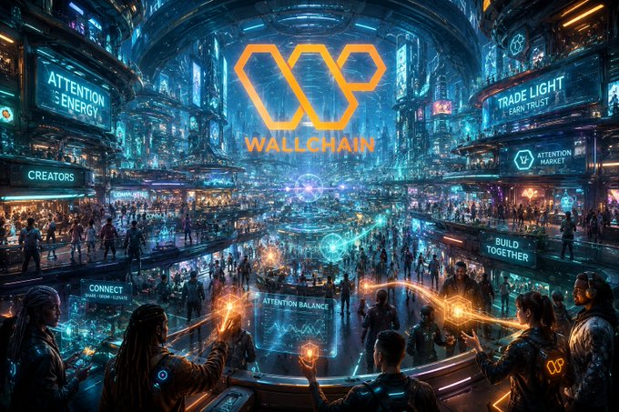 The image shows a futuristic cityscape with people standing around and interacting with each other. The city appears to be made up of neon lights and buildings that glow brightly, creating an immersive environment for its residents. The main focus of the image is on the phrase "Wallchain" written in orange letters at the top center, which could possibly be a logo or a tagline related to the city's theme.

The post also mentions that most platforms compete for attention and that the next generation will compete to reward it. This implies that the creators of this futuristic city are trying to capture people's attention by creating an engaging and interactive environment. The image encourages viewers to focus on what is in front of them, highlighting the unique aspects of the cityscape and its inhabitants.