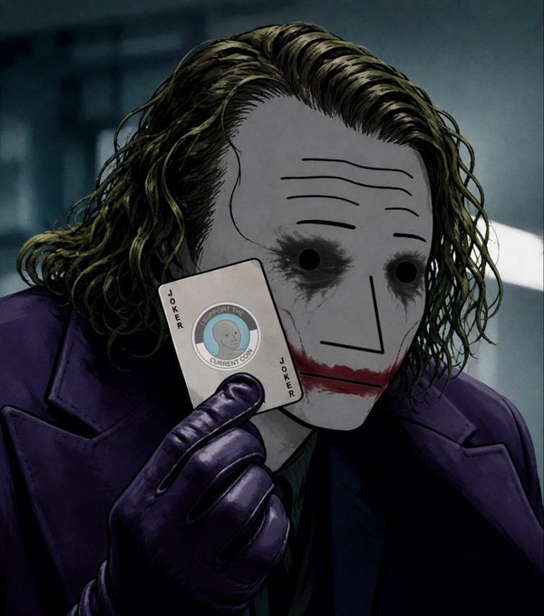 The image depicts a comic book-style illustration of the Joker holding up a "Joker" card that reads "SUPPORT THE CURRENT COIN," with his signature white face paint, green hair, and purple gloves and coat. The artwork cleverly ties into the post's promotion of the $NPC (NonPlayableCoin) meme token, using the iconic villain imagery to suggest that the coin is the only crypto one needs.