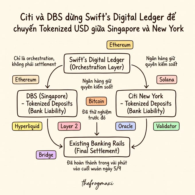An infographic in Vietnamese titled 'Citi và DBS dùng Swift's Digital Ledger để chuyển Tokenized USD giữa Singapore và New York' (Citi and DBS use Swift's Digital Ledger to transfer Tokenized USD between Singapore and New York), with a flowchart showing DBS and Citi issuing Tokenized Deposits settled via Existing Banking Rails, surrounded by related blockchain terms like Ethereum, Solana, Bitcoin, and Hyperliquid.