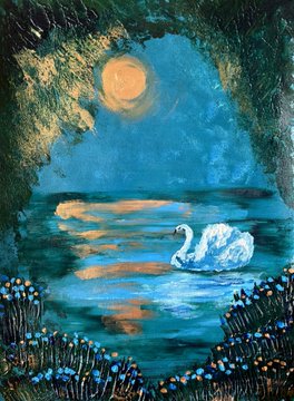 A textured painting of a white swan floating peacefully on a shimmering lake under a glowing orange moon, framed by dark foliage and colorful flowers.