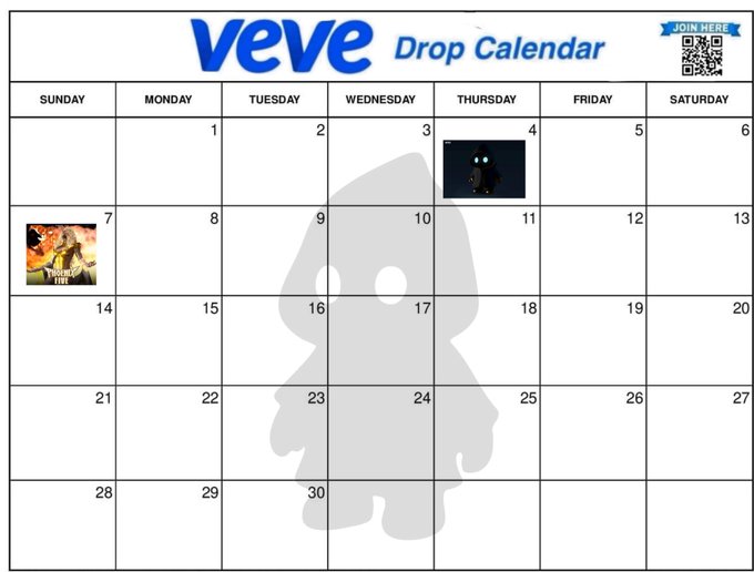 The image features a white wall with a Veve Drop Calendar displayed, showcasing the days of the week from Monday through Saturday. The calendar also includes two photos - one of a person wearing a hooded sweatshirt and another of a person wearing a hat. These images are placed in the top left corner of the calendar. The post has been edited to include a watermark that reads "Veve fam @veve-official".