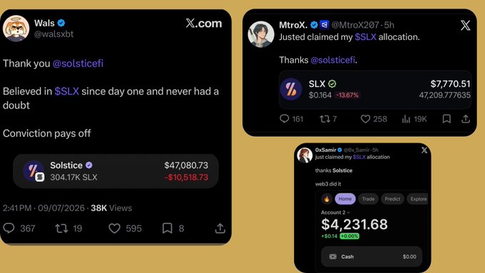 The image shows three tweets celebrating Solstice ($SLX) airdrop allocations from users @walsxbt ($47,080.73), @MtroX207 ($7,770.51), and @0x_Samir ($4,231.68), all thanking @solsticefi. The tweets directly relate to the post's claim that "Solstice cooked," showcasing users sharing their claimed SLX token allocations as evidence of a successful airdrop drop.
