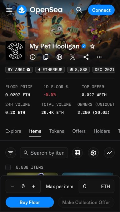 An OpenSea NFT marketplace page for the 'My Pet Hooligan' collection by AMGI on Ethereum, showing 8,888 items with a floor price of 0.0297 ETH, down 8.8% in 24 hours, and 3,250 unique owners.