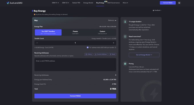 A cryptocurrency website interface for 'JustLend DAO' showing a 'Buy Energy' page with options to purchase Energy Rental using TRX, including transfer count and receiving address fields.